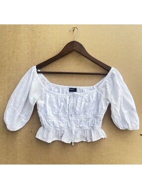 ABLE White Swiss Dot Smocked Milkmaid Crop Top - Size S